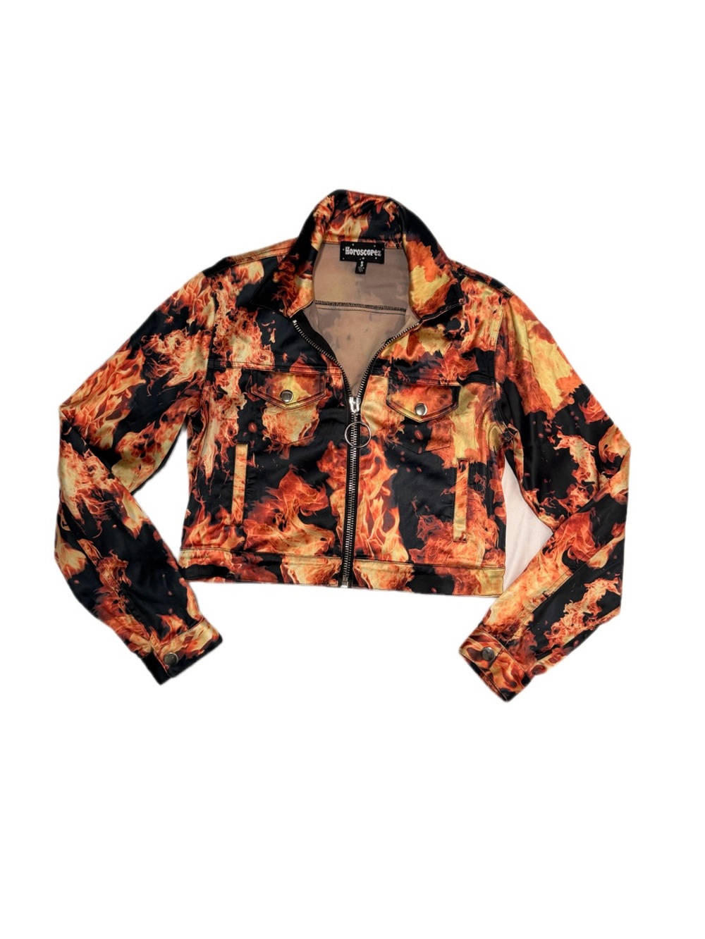 Dolls Kill Flame Print Cropped Leather Jacket in Orange and Black
